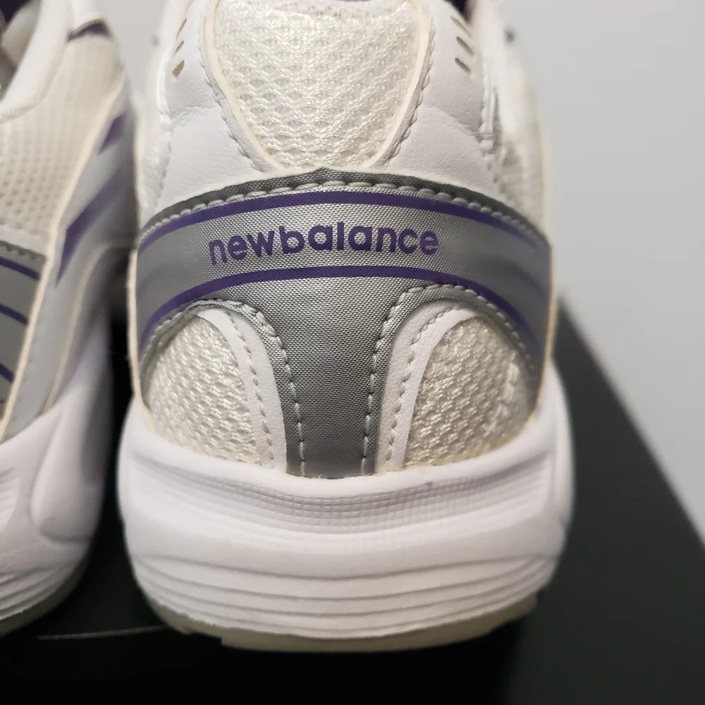 New Balance White and Silver Athletic Sneakers with Purple Accents
